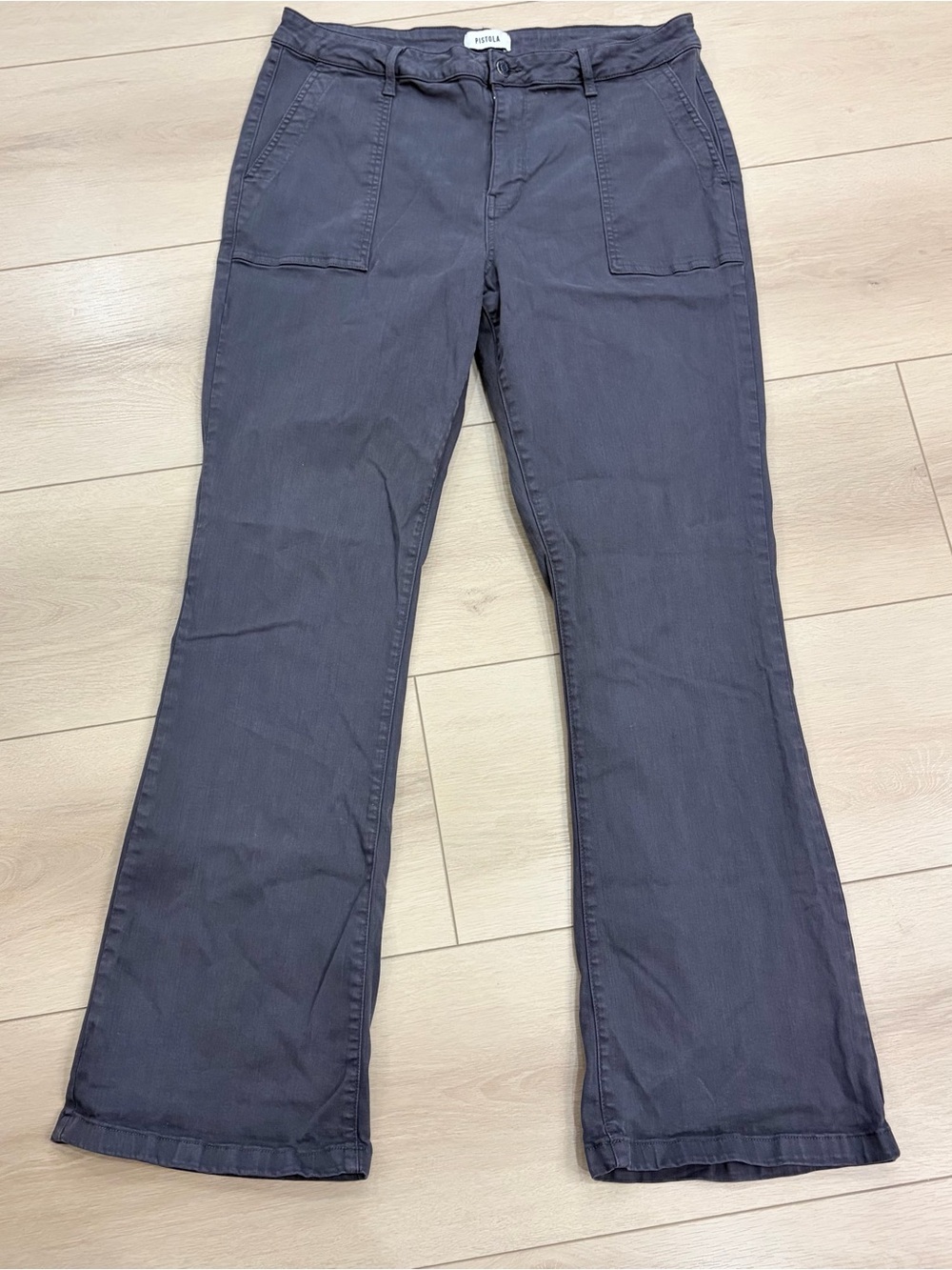 Pistola Women Charcoal Grey Utility Flare Leg Pants High Rise Patch Pocket 33